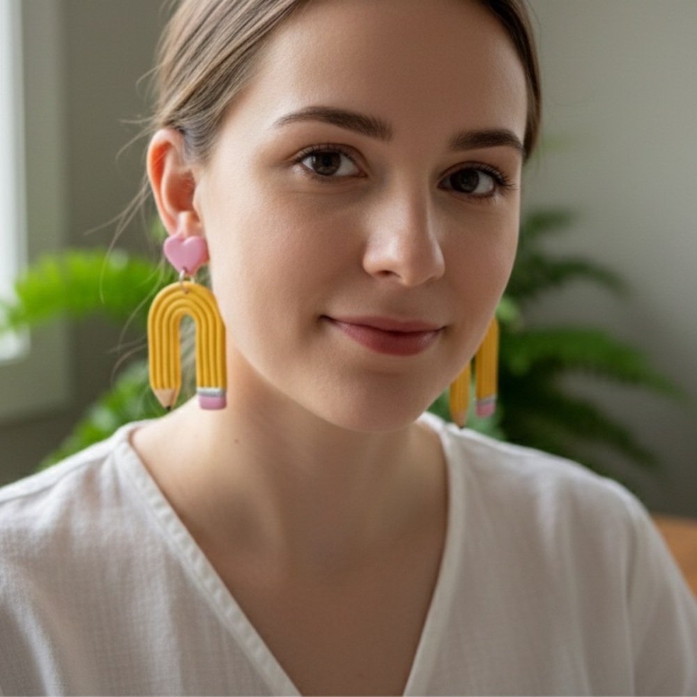 Curved Pencil Drop Stud - Handmade Earrings - Yellow - Picture 5 of 8